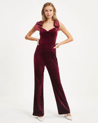 Logan Velvet Shoulder Tie Jumpsuit - Burgundy Oshnow