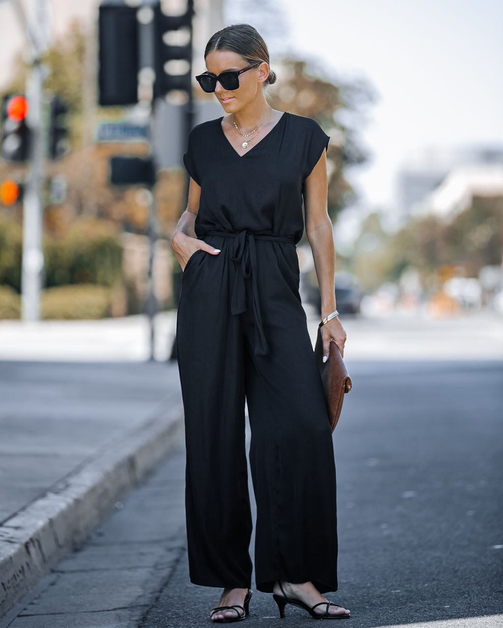 Look At Me Now Satin Pocketed Wide Leg Jumpsuit - Black Oshnow