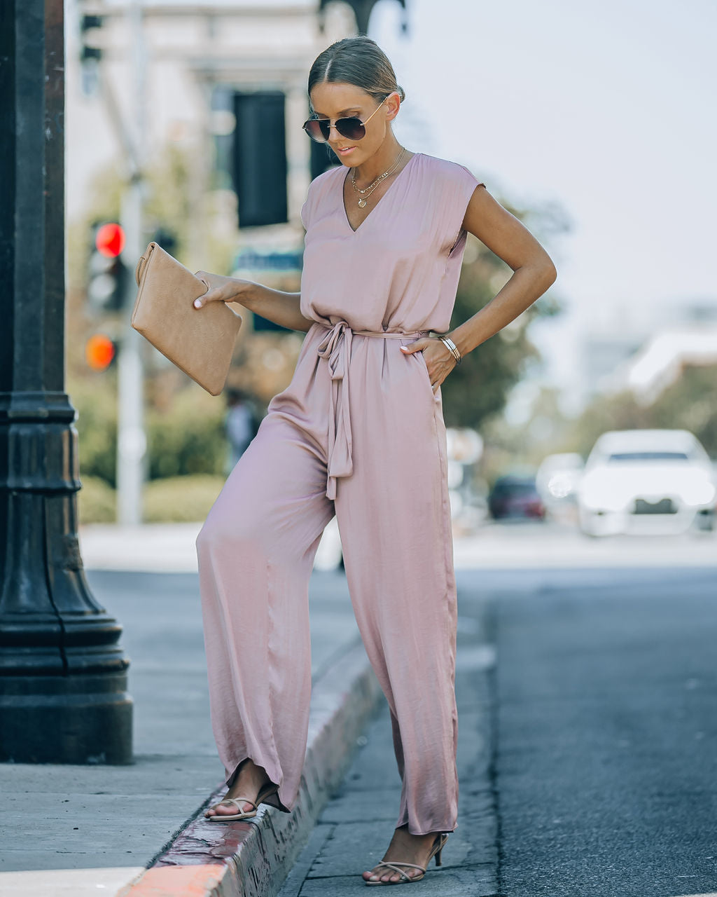 Look At Me Now Satin Pocketed Wide Leg Jumpsuit - Mocha Oshnow