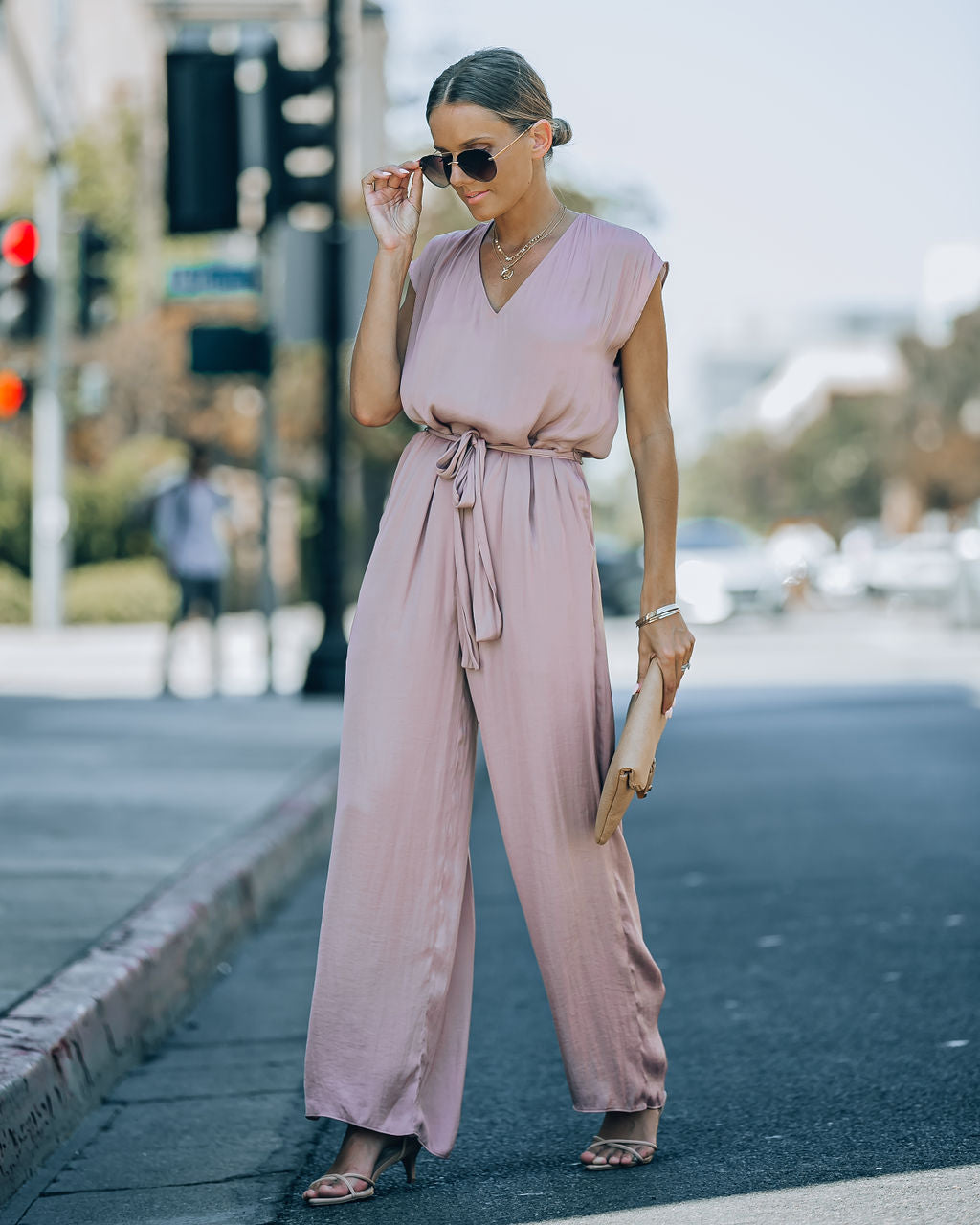 Look At Me Now Satin Pocketed Wide Leg Jumpsuit - Mocha Oshnow