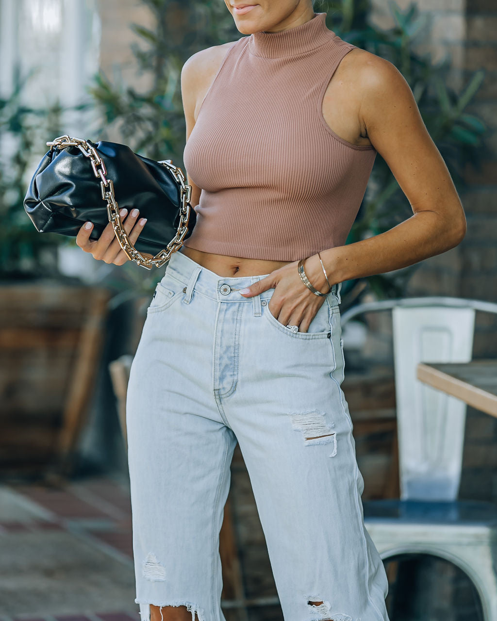 Louie Sleeveless Mock Neck Crop Top - Vintage Mocha Oshnow