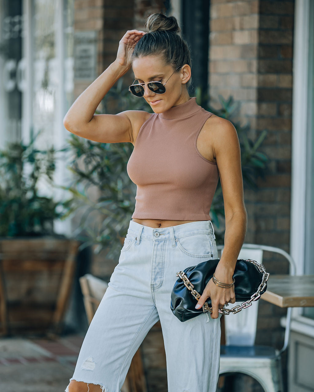 Louie Sleeveless Mock Neck Crop Top - Vintage Mocha Oshnow