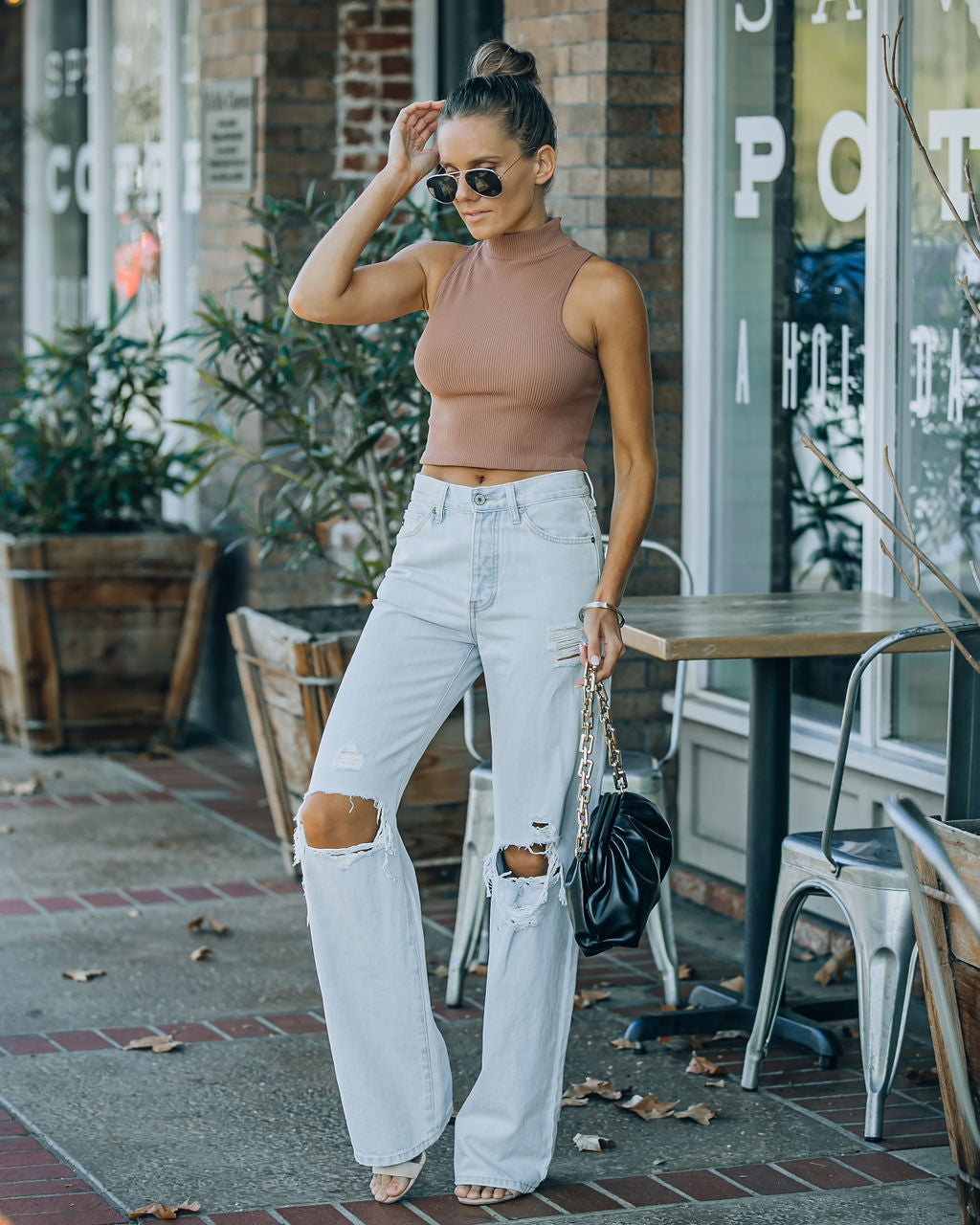 Louie Sleeveless Mock Neck Crop Top - Vintage Mocha Oshnow
