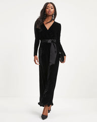 Love One Another Velvet Pocketed Cutout Back Jumpsuit - Black Oshnow