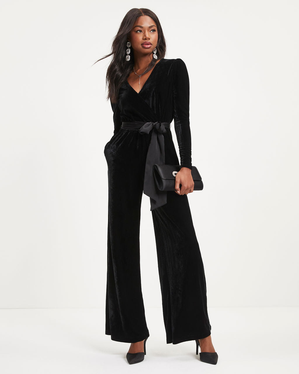 Love One Another Velvet Pocketed Cutout Back Jumpsuit - Black Oshnow