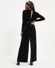 Love One Another Velvet Pocketed Cutout Back Jumpsuit - Black Oshnow