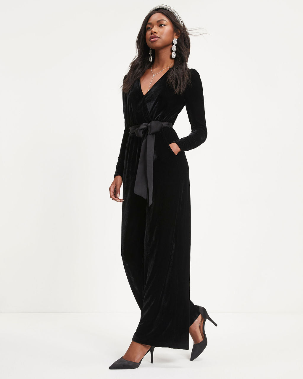 Love One Another Velvet Pocketed Cutout Back Jumpsuit - Black Oshnow