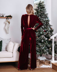 Love One Another Velvet Pocketed Cutout Back Jumpsuit - Wine Oshnow