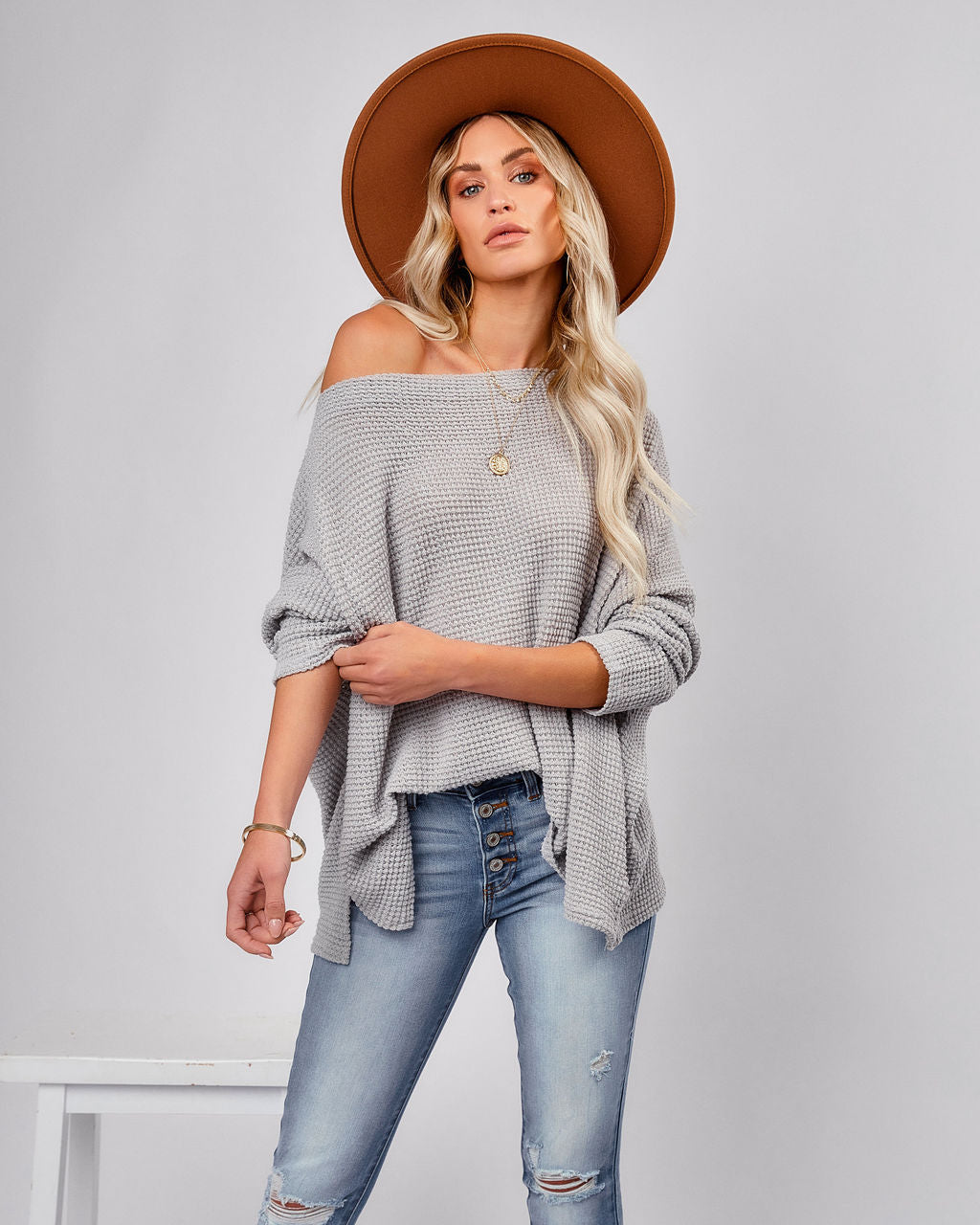 Lovell Boat Neck Thermal Knit Top - Grey Oshnow