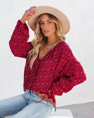 Luana Printed Peasant Top - Burgundy Oshnow