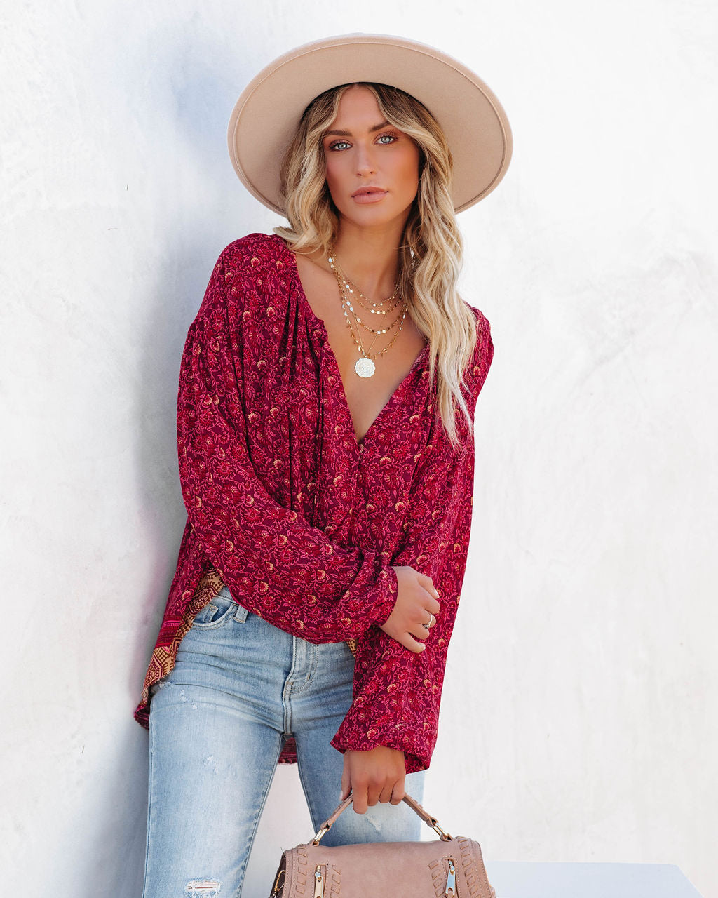 Luana Printed Peasant Top - Burgundy Oshnow