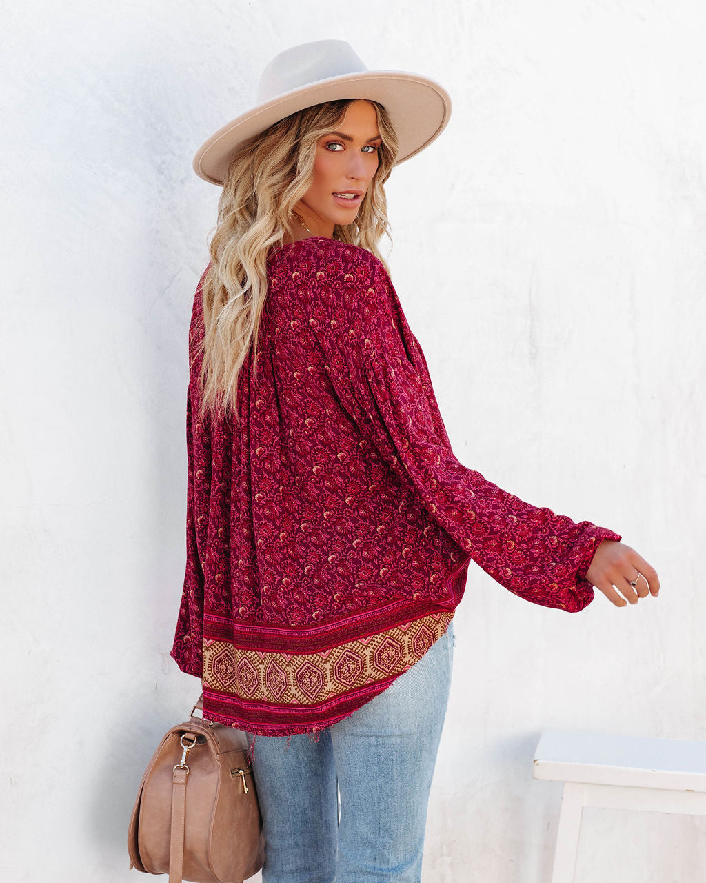 Luana Printed Peasant Top - Burgundy Oshnow