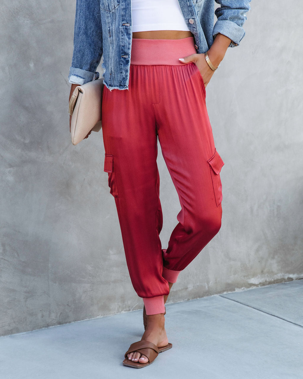 Luxe Look Satin Pocketed Joggers - Rust - SALE Oshnow