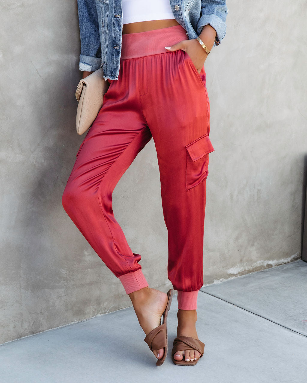 Luxe Look Satin Pocketed Joggers - Rust - SALE Oshnow