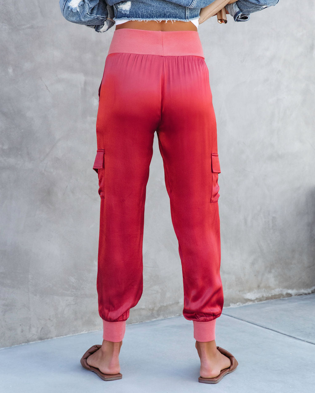 Luxe Look Satin Pocketed Joggers - Rust - SALE Oshnow