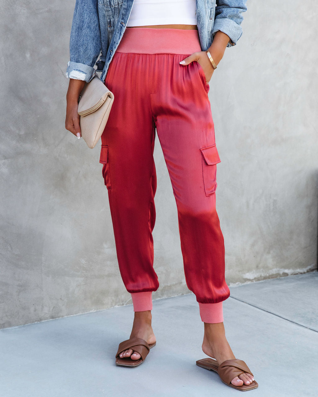 Luxe Look Satin Pocketed Joggers - Rust - SALE Oshnow