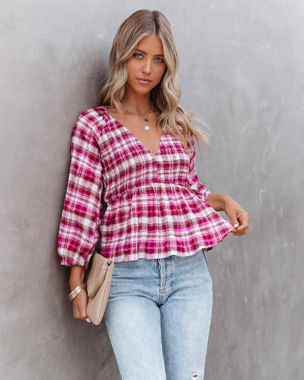 Lylah Cotton Crinkled Plaid Smocked Top Oshnow