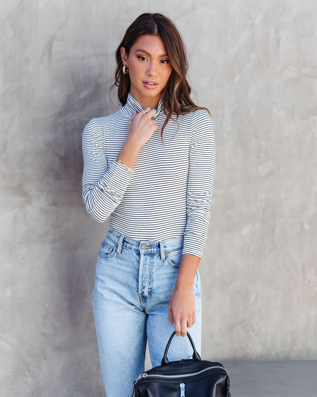 Lyonnette Stripe Turtleneck Bodysuit - Black/White Oshnow