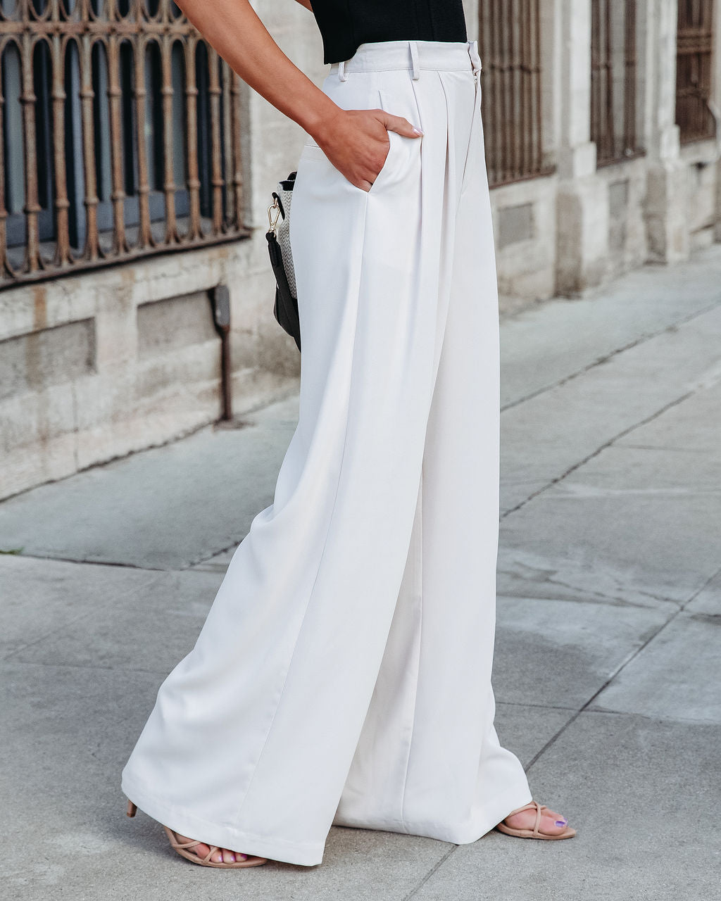 Madrigal Pocketed Wide Leg Pants - Cream Oshnow
