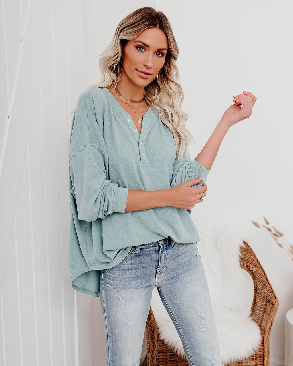 Maggie Relaxed Knit Henley Top - Sage Oshnow
