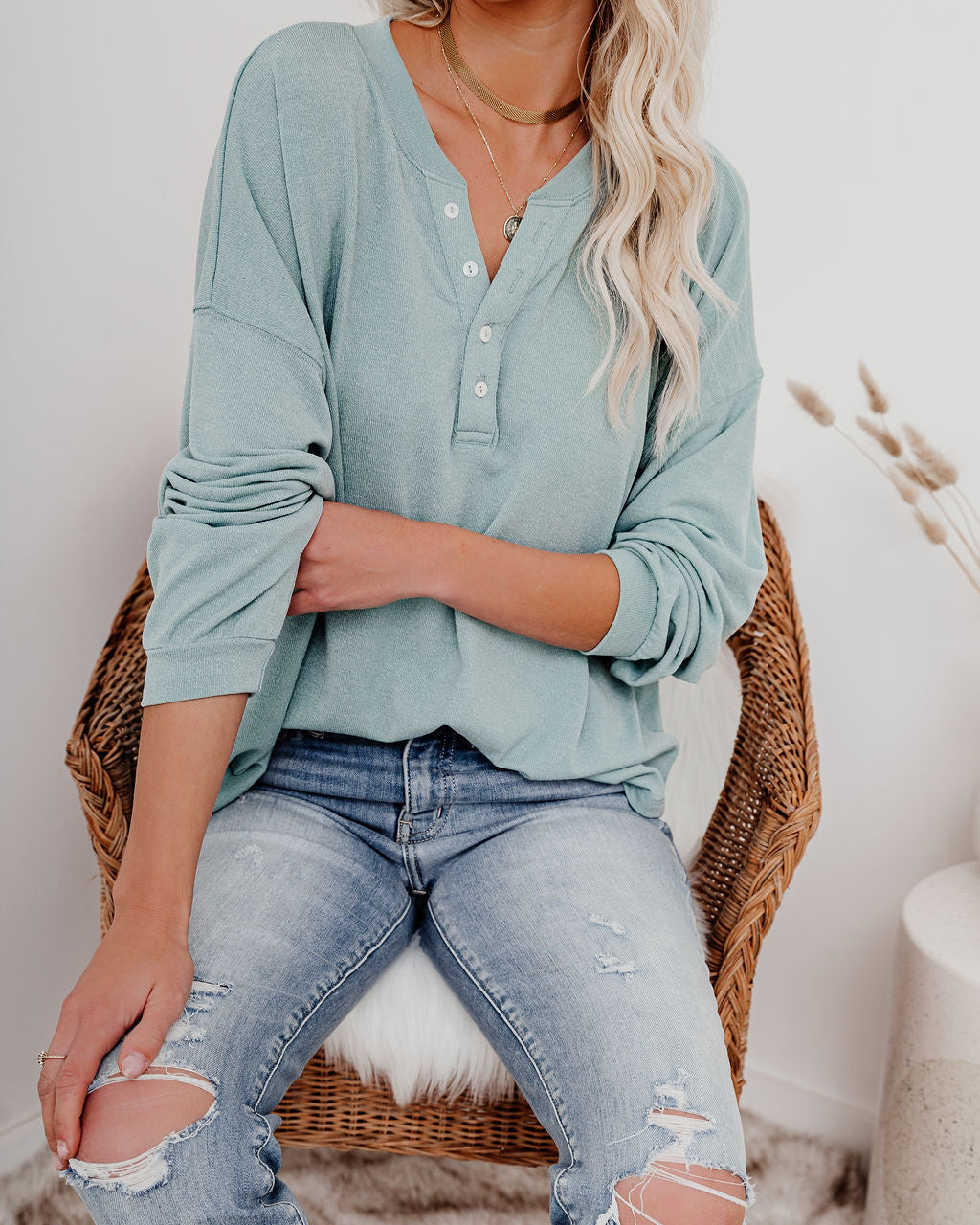 Maggie Relaxed Knit Henley Top - Sage Oshnow