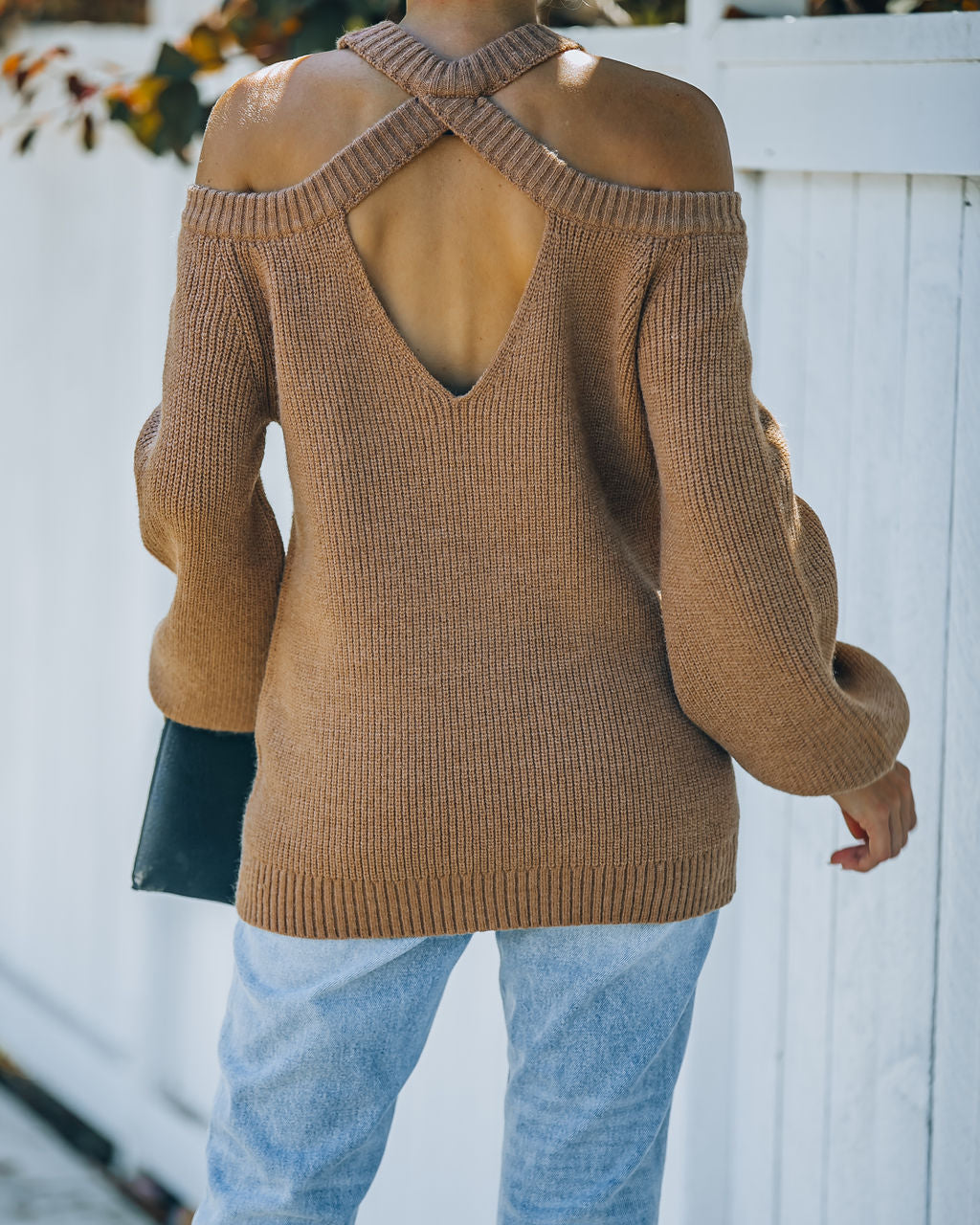 Malia Cold Shoulder Knit Sweater - Camel Oshnow