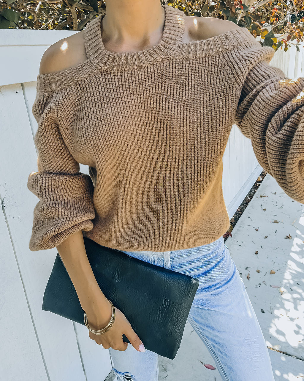 Malia Cold Shoulder Knit Sweater - Camel Oshnow