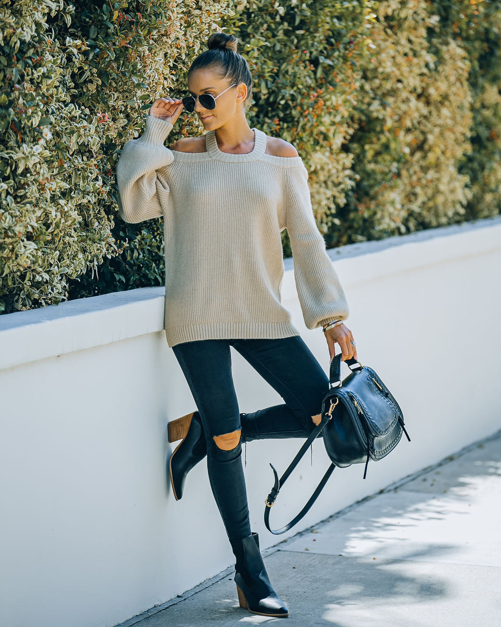 Malia Cold Shoulder Knit Sweater - Sand Oshnow