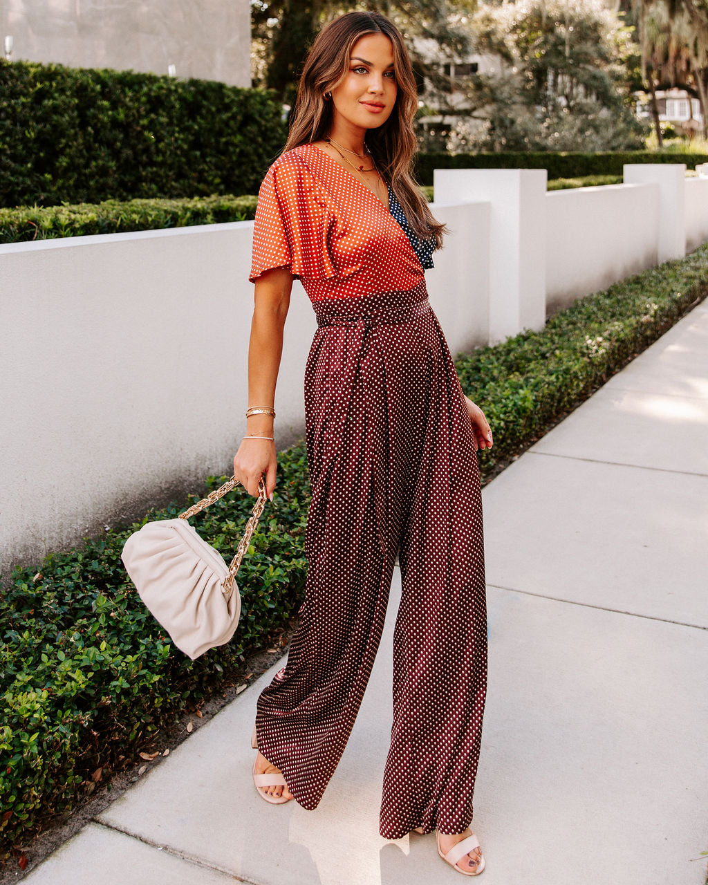 Malina Satin Polka Dot Colorblock Jumpsuit Oshnow