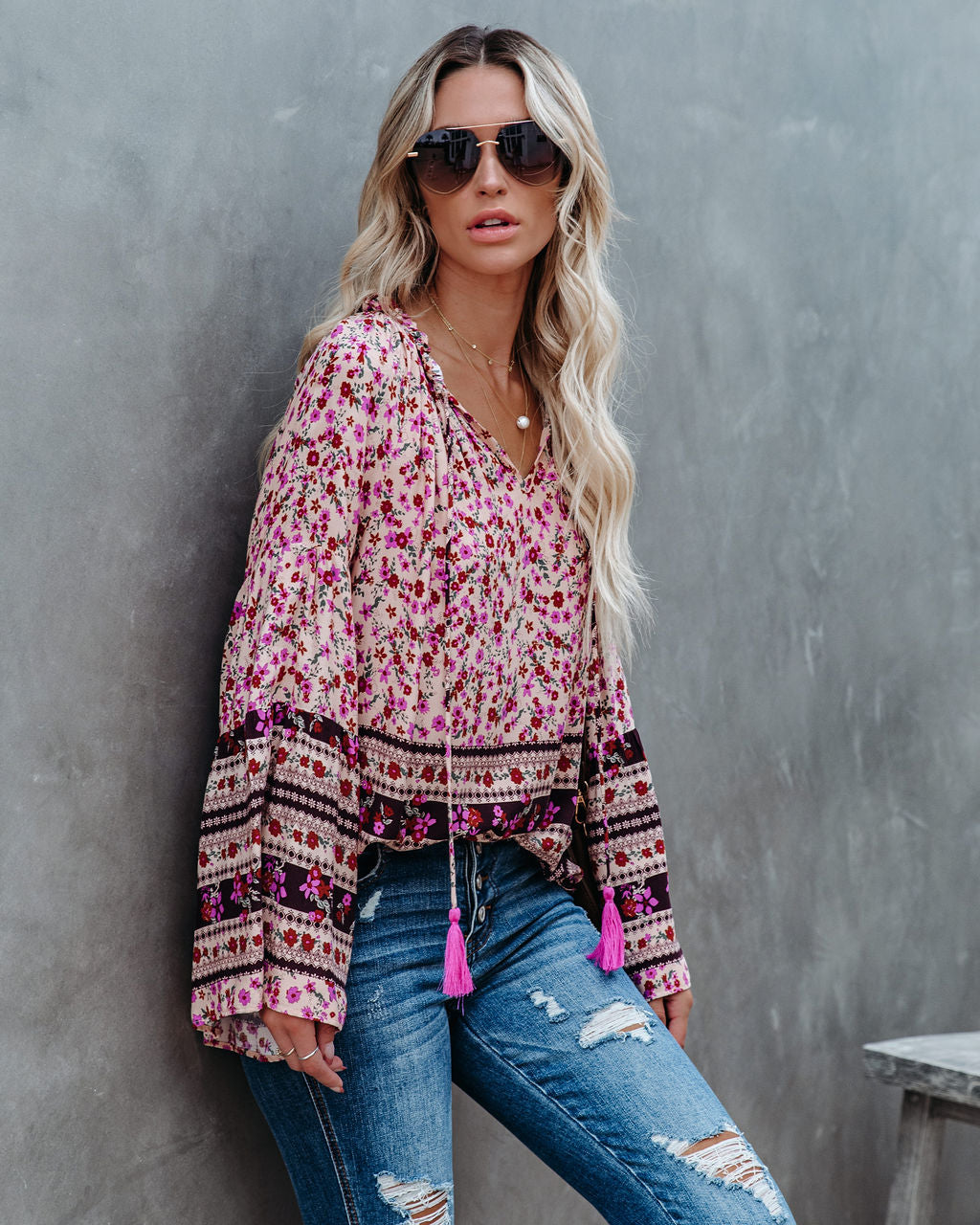 Maloney Printed Tassel Top - Natural Oshnow