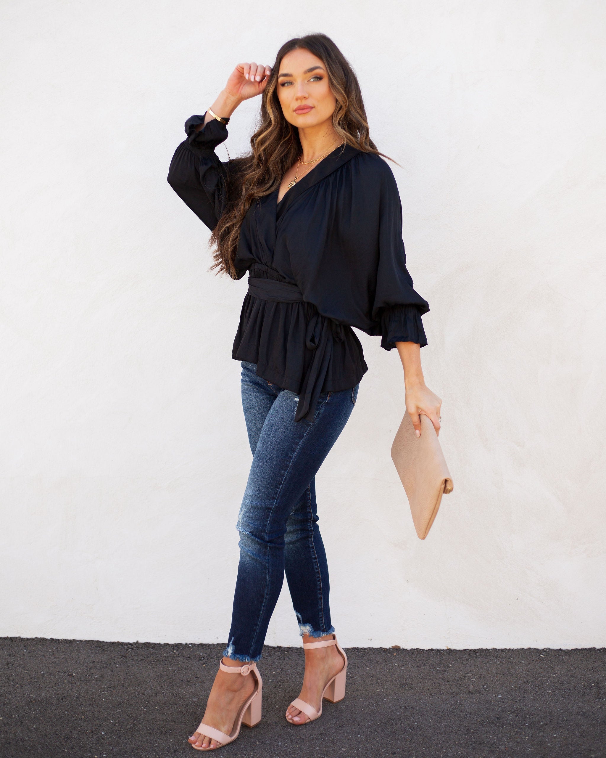 Manners Statement Sleeve Drape Blouse - Washed Black Oshnow