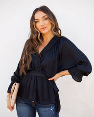 Manners Statement Sleeve Drape Blouse - Washed Black Oshnow