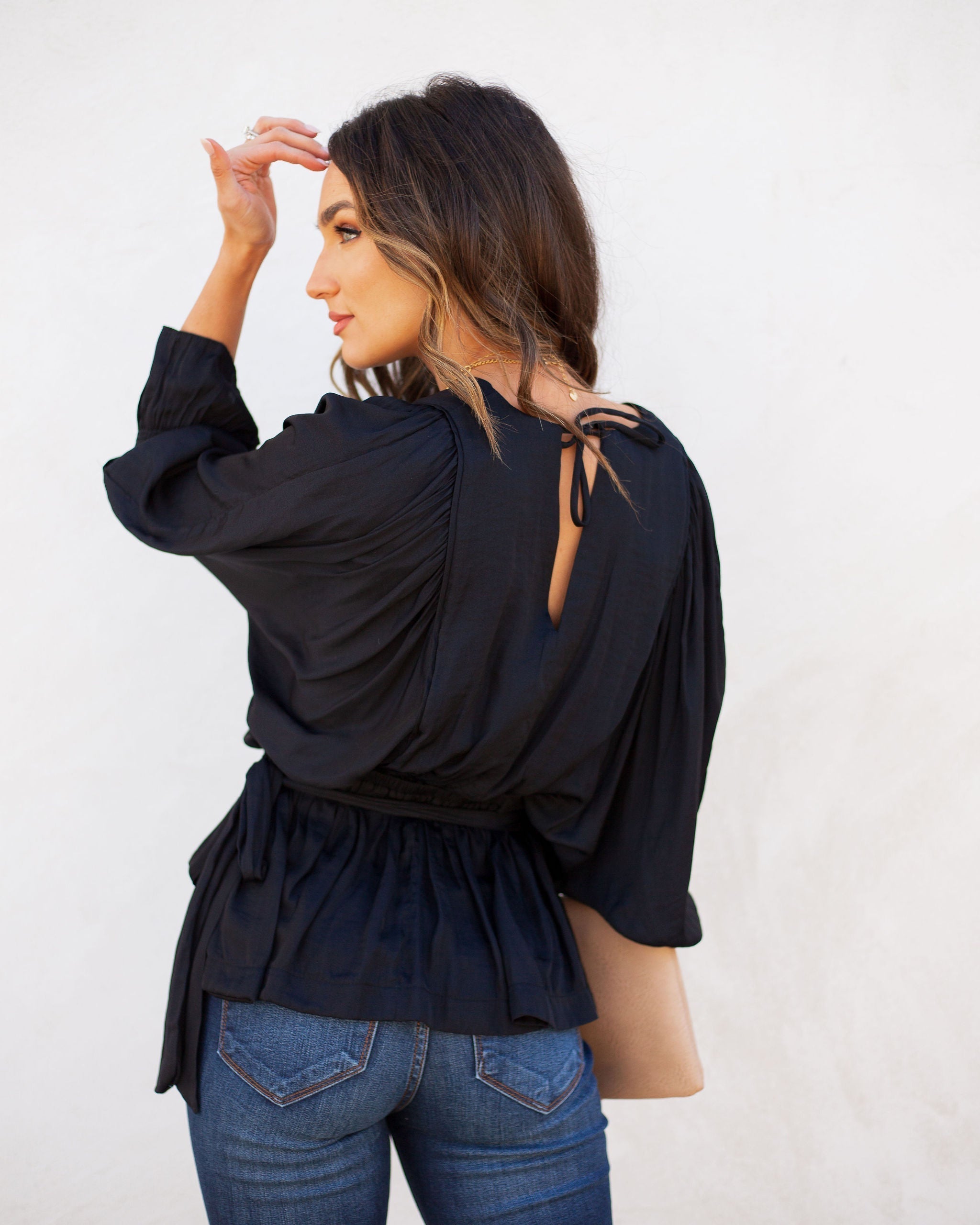 Manners Statement Sleeve Drape Blouse - Washed Black Oshnow