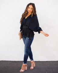 Manners Statement Sleeve Drape Blouse - Washed Black Oshnow