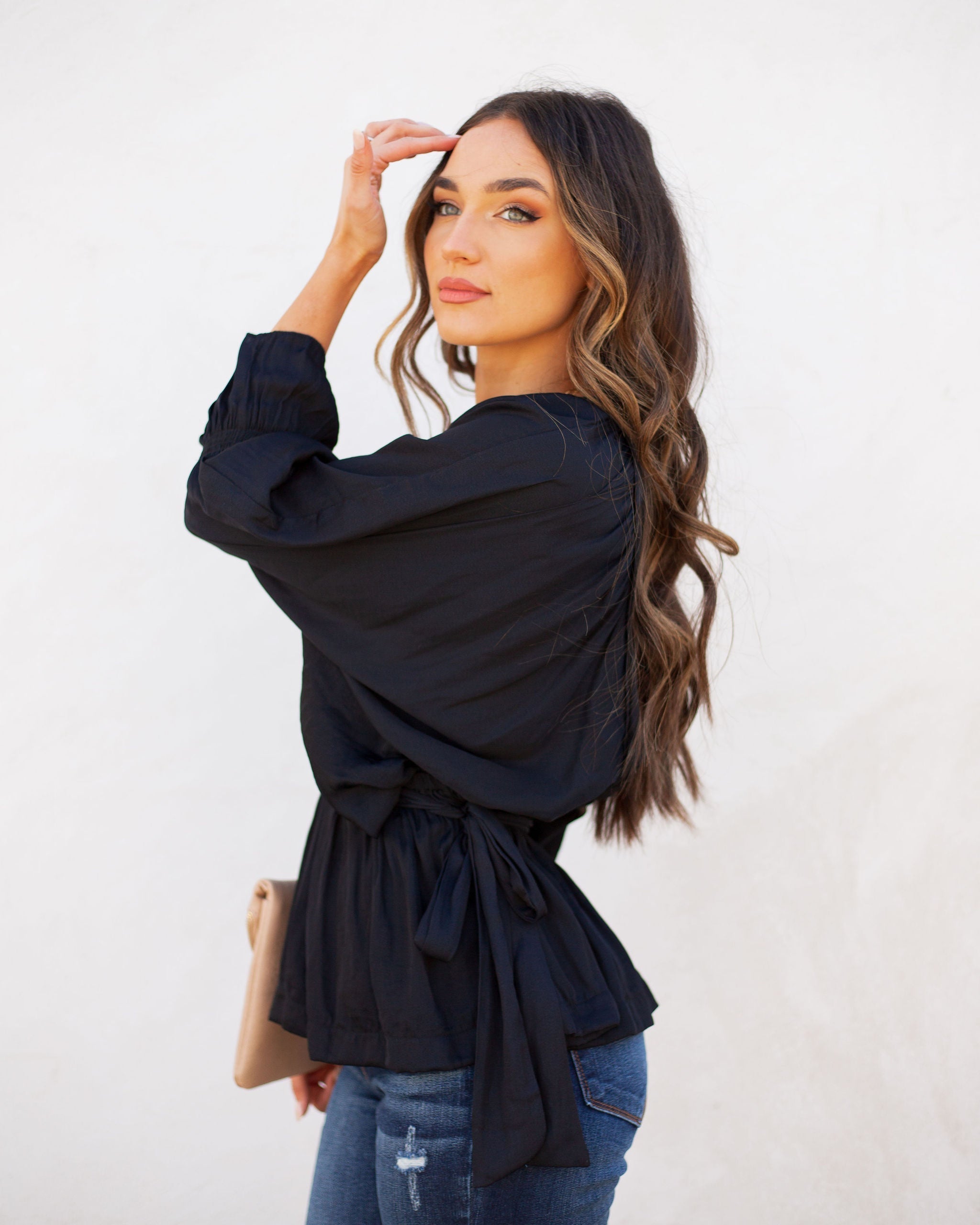 Manners Statement Sleeve Drape Blouse - Washed Black Oshnow