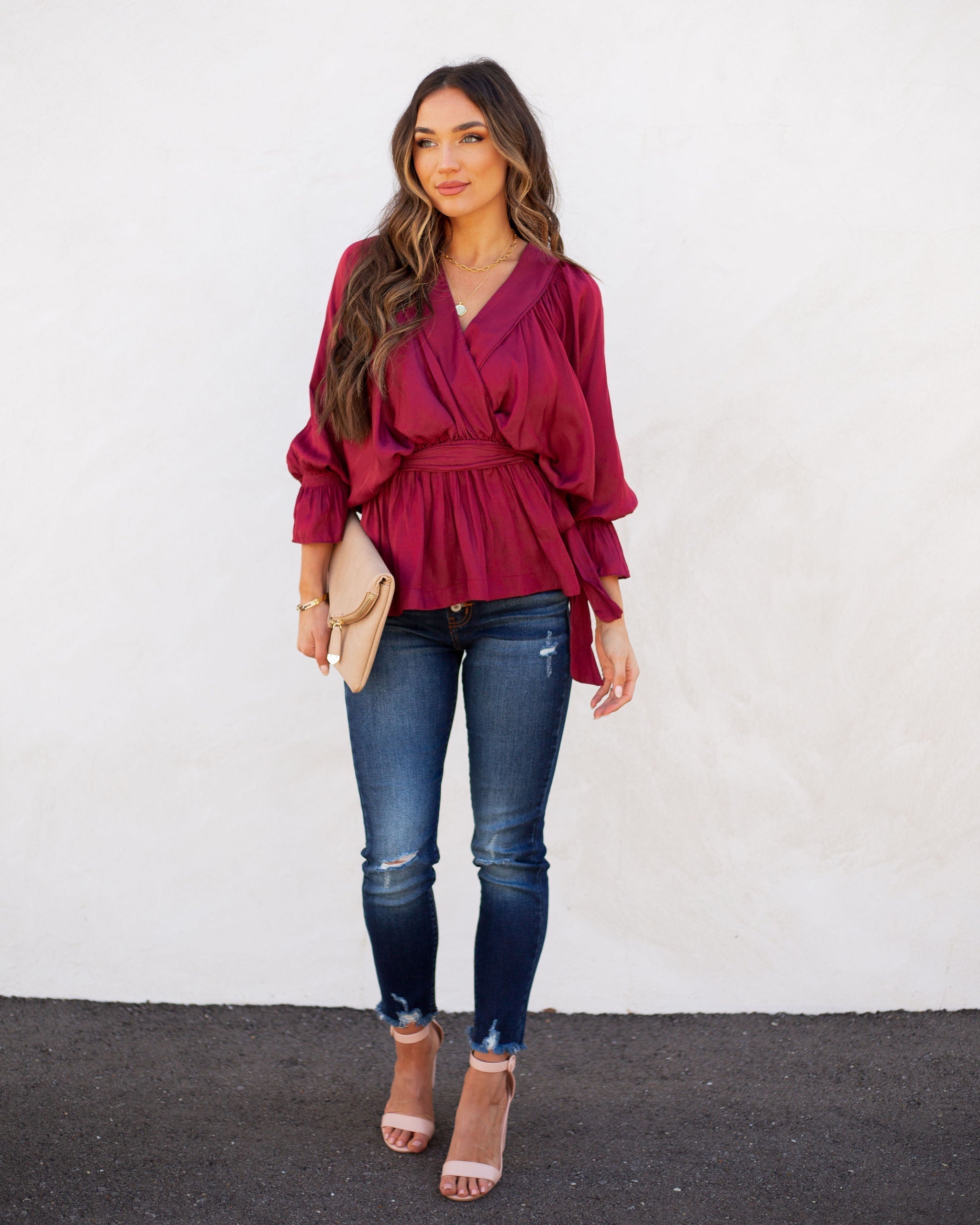 Manners Statement Sleeve Drape Blouse - Wine Oshnow