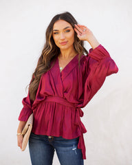 Manners Statement Sleeve Drape Blouse - Wine Oshnow