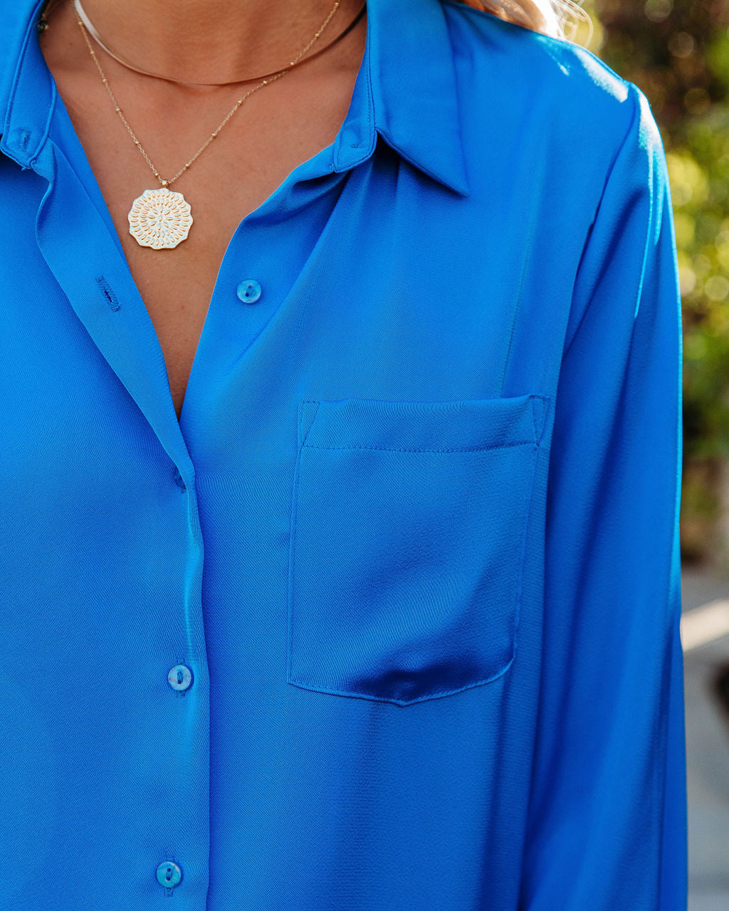 Margarita Satin Button Down Blouse - Electric Blue Oshnow