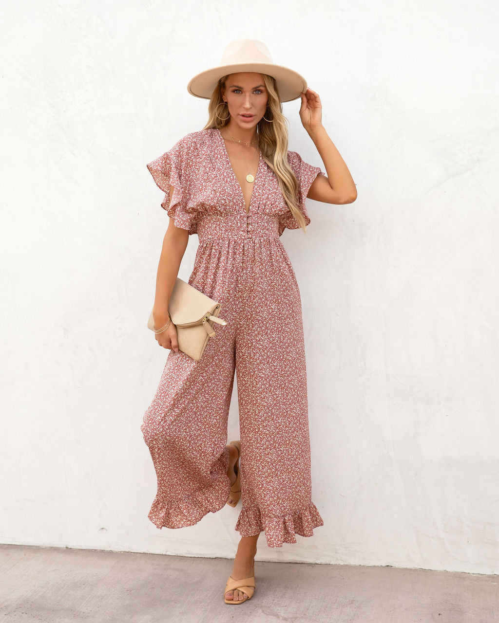 Mariah Printed Flutter Sleeve Jumpsuit - SALE Oshnow