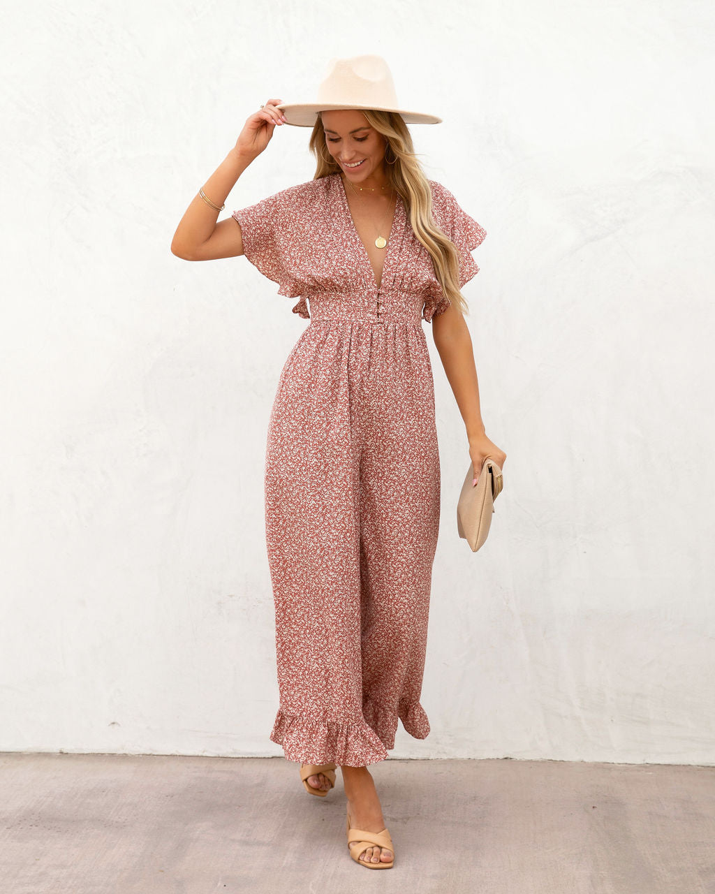 Mariah Printed Flutter Sleeve Jumpsuit - SALE Oshnow