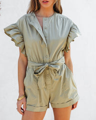 Marianne Ruffle Pocketed Romper - Olive Oshnow