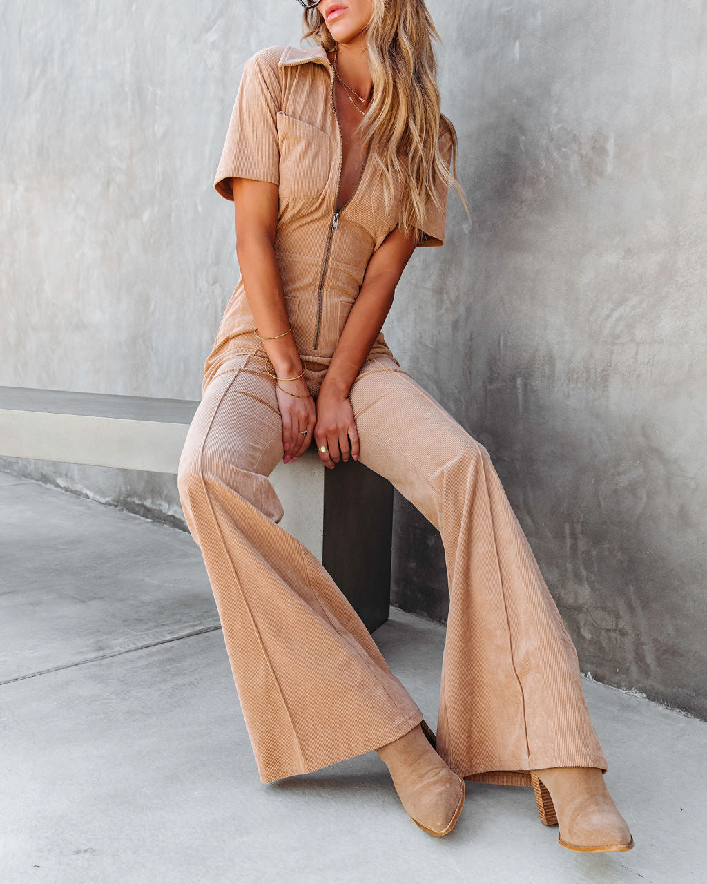 Marissa Corduroy Pocketed Jumpsuit - Camel Oshnow