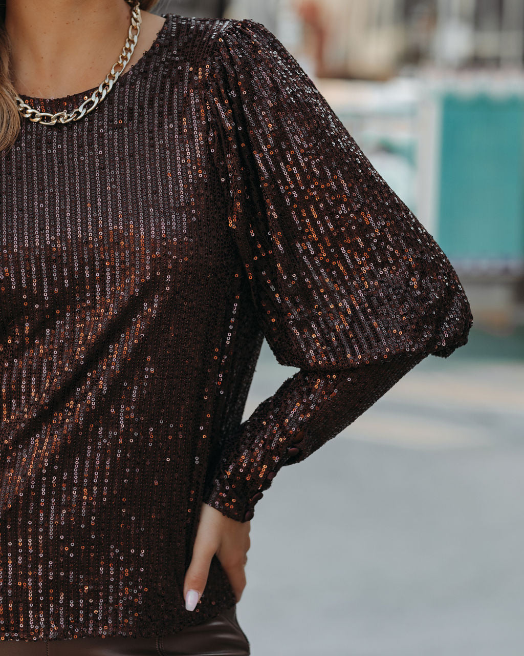 Marita Sequin Puff Sleeve Blouse - Brown Oshnow