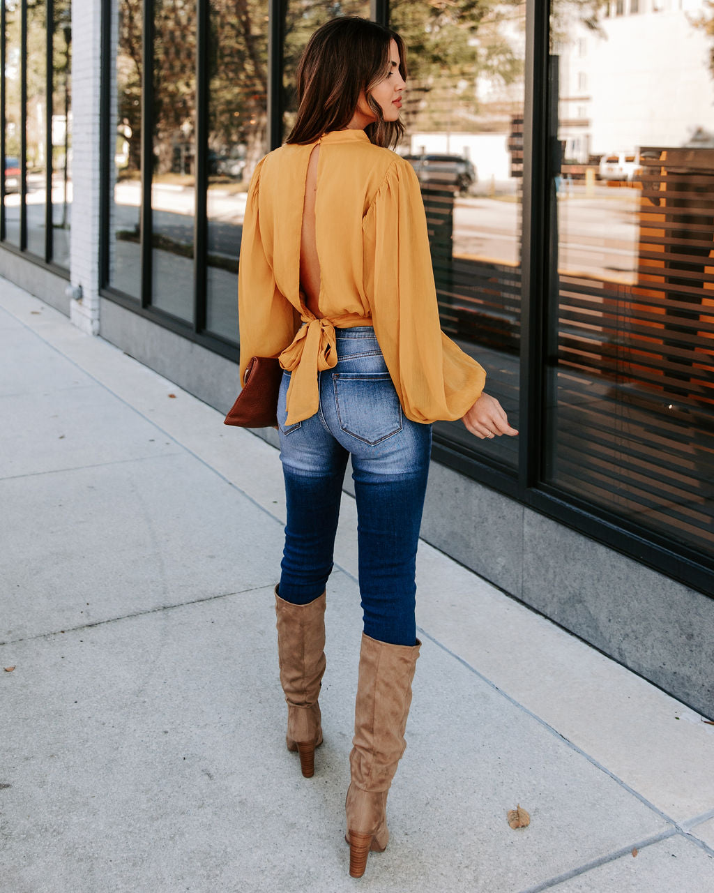 Marquee Mock Neck Billowed Blouse - Mustard Oshnow