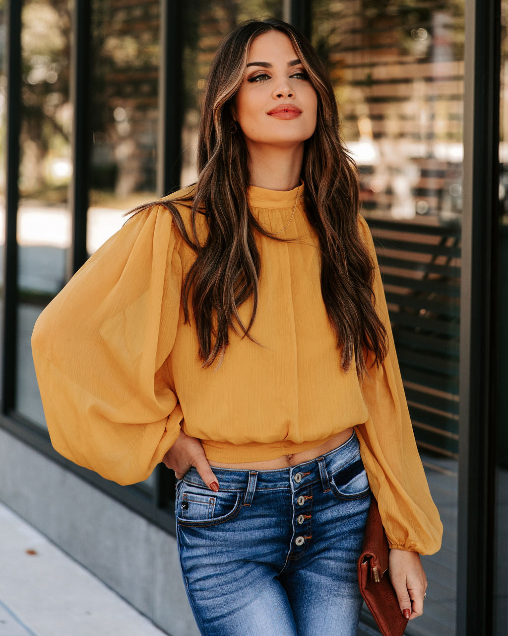 Marquee Mock Neck Billowed Blouse - Mustard Oshnow