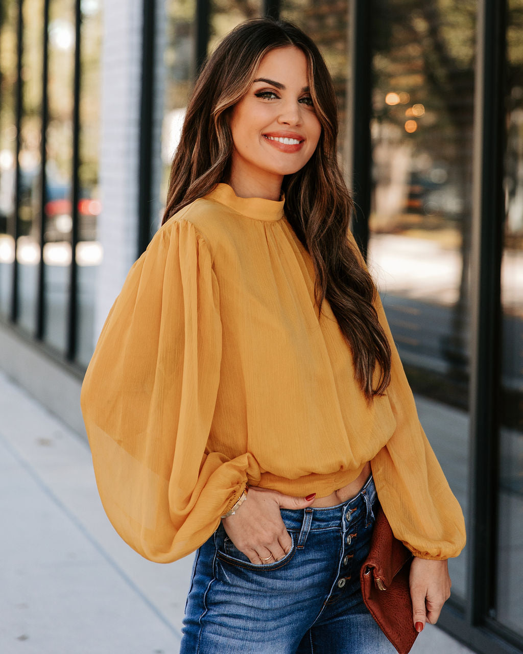 Marquee Mock Neck Billowed Blouse - Mustard Oshnow