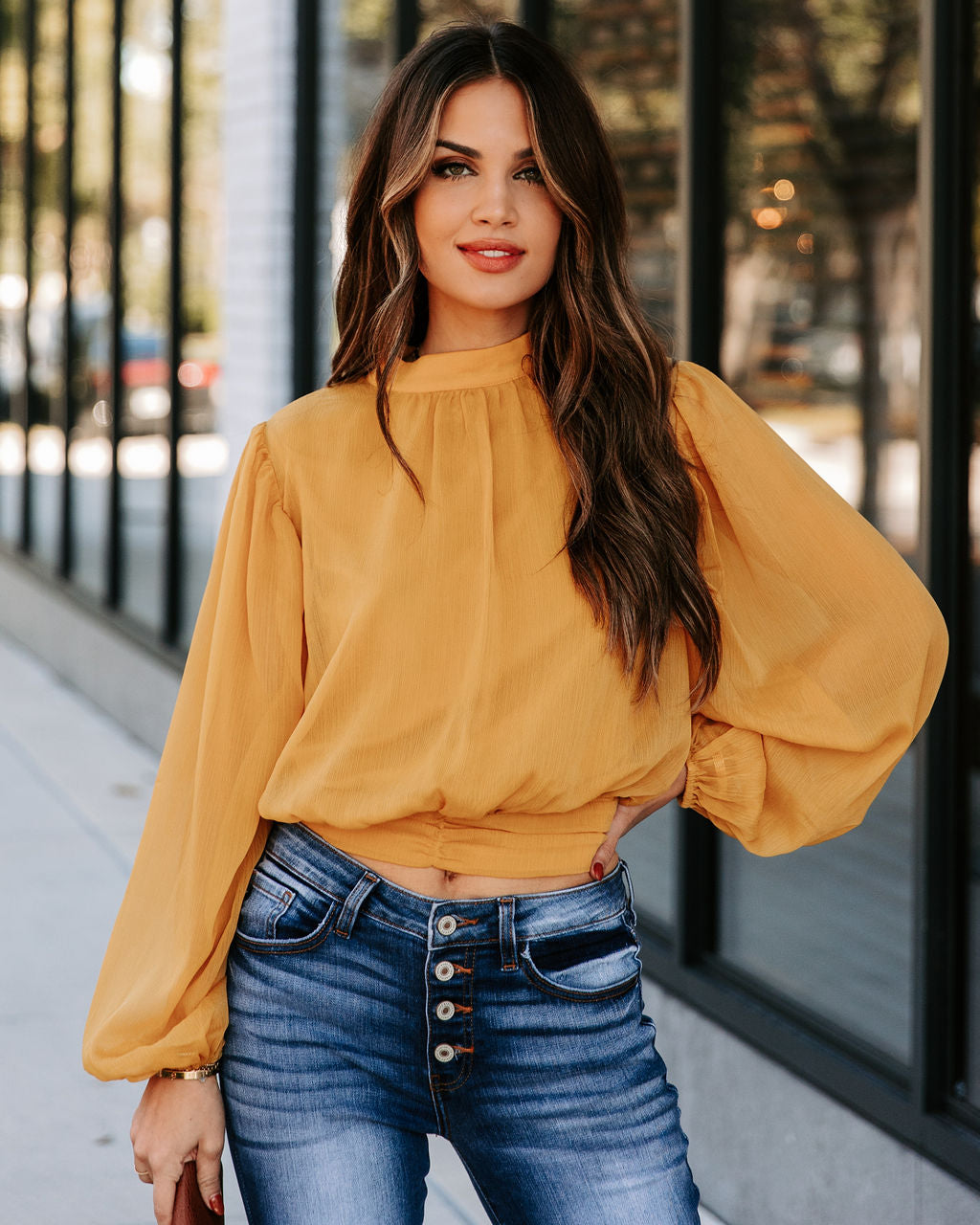 Marquee Mock Neck Billowed Blouse - Mustard Oshnow