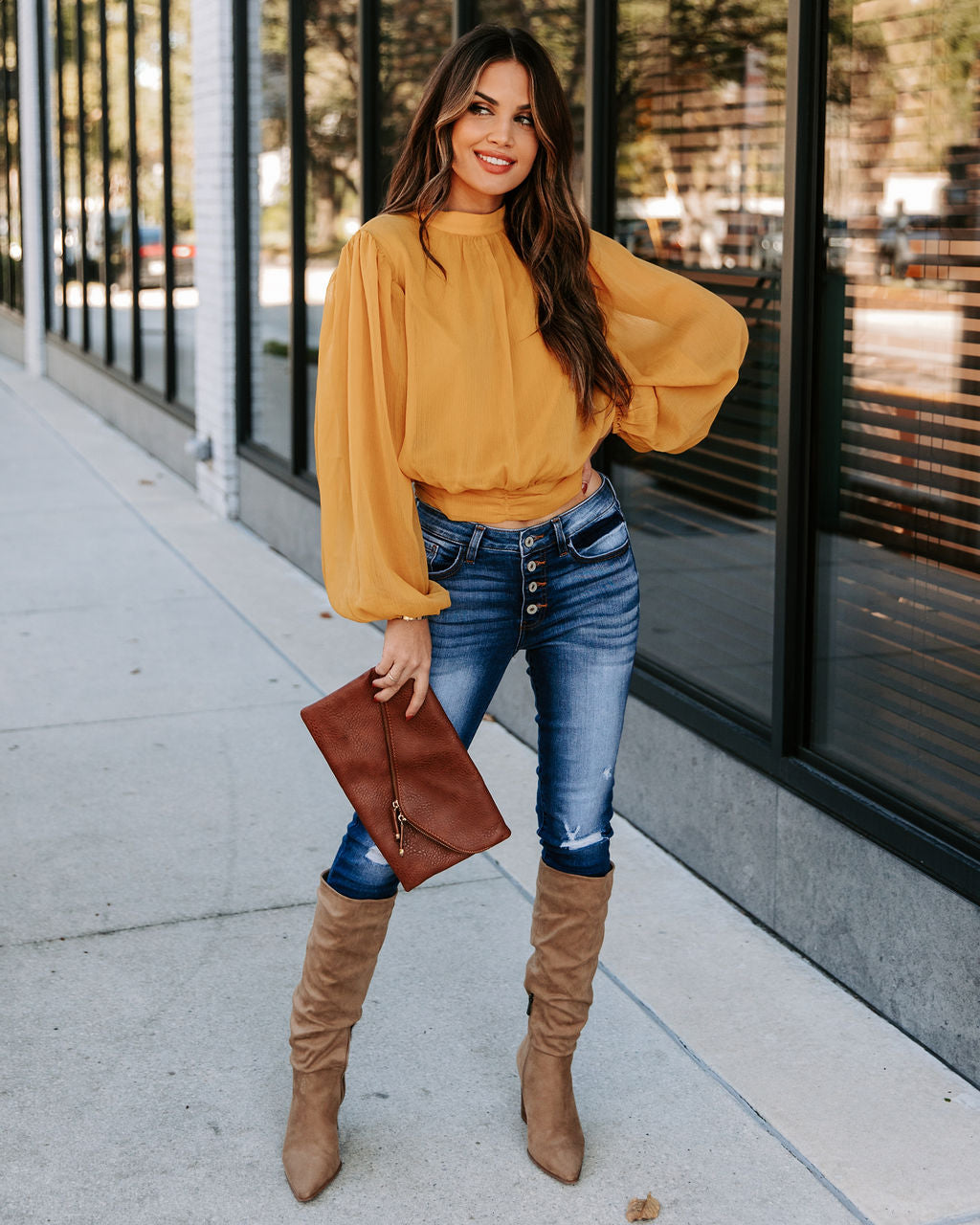 Marquee Mock Neck Billowed Blouse - Mustard Oshnow