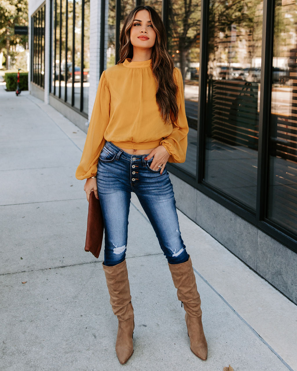 Marquee Mock Neck Billowed Blouse - Mustard Oshnow