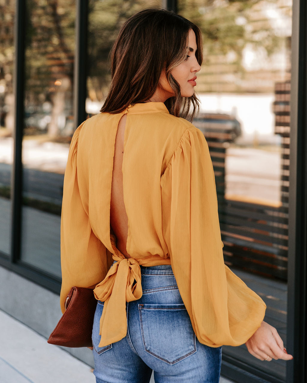 Marquee Mock Neck Billowed Blouse - Mustard Oshnow